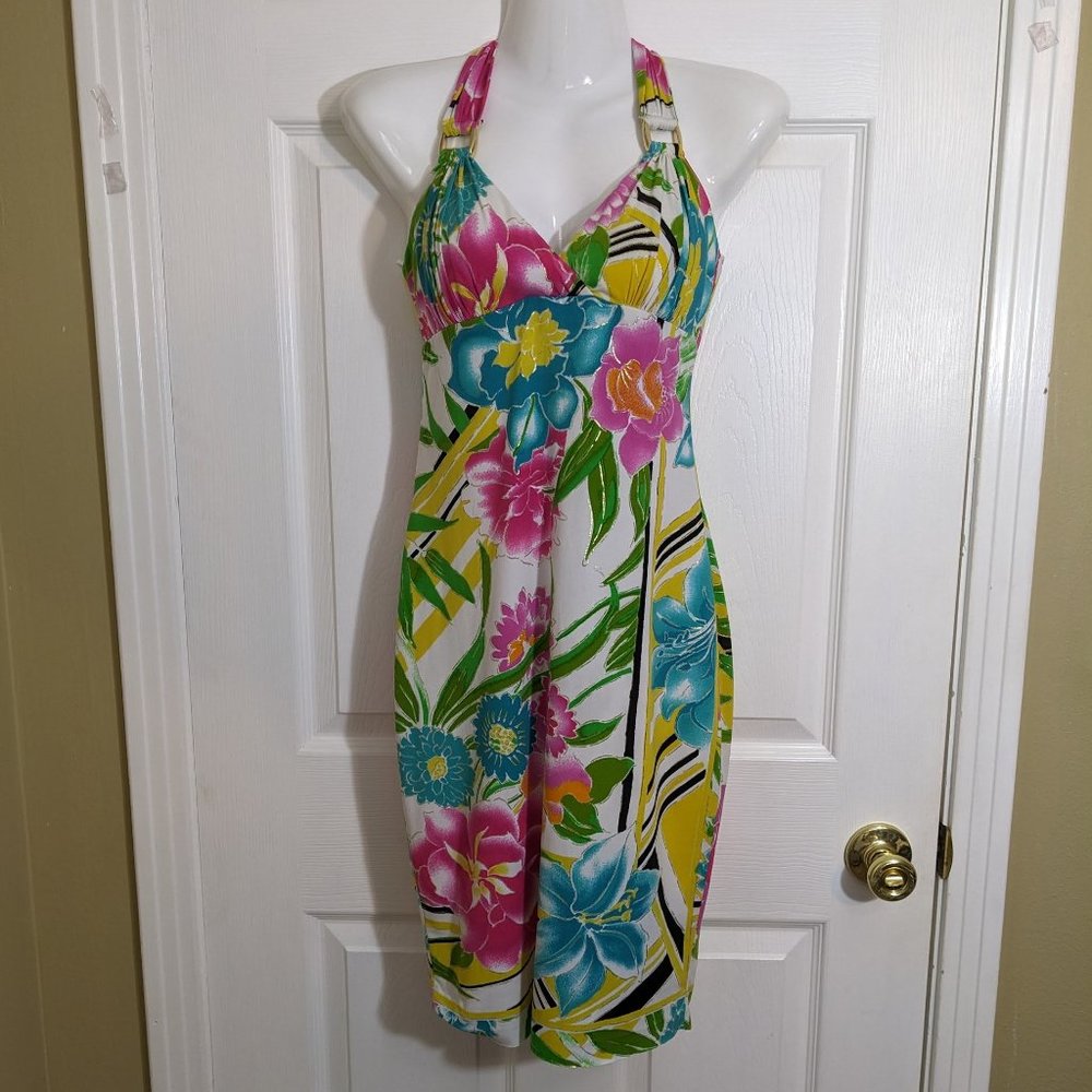 Cache Vintage 90's Tropical Floral Halter Wrap Style Stretch Dress - size 0